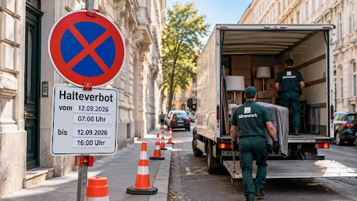 Halteverbotszone vor dem Haus für den Abtransport bei einer Entrümpelung in Wien