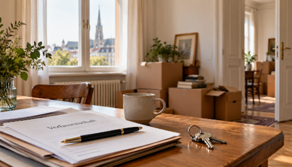 Unterlagen zur Verlassenschaft, ein Kugelschreiber und ein Schlüsselbund auf einem Holztisch, dahinter Kartons in einer Wohnung