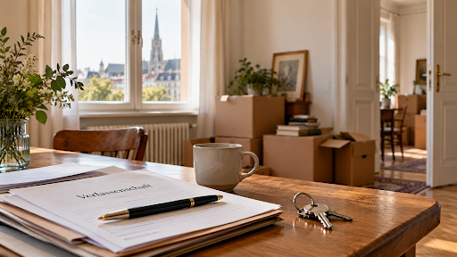 Unterlagen zur Verlassenschaft, ein Kugelschreiber und ein Schlüsselbund auf einem Holztisch, dahinter Kartons in einer Wohnung
