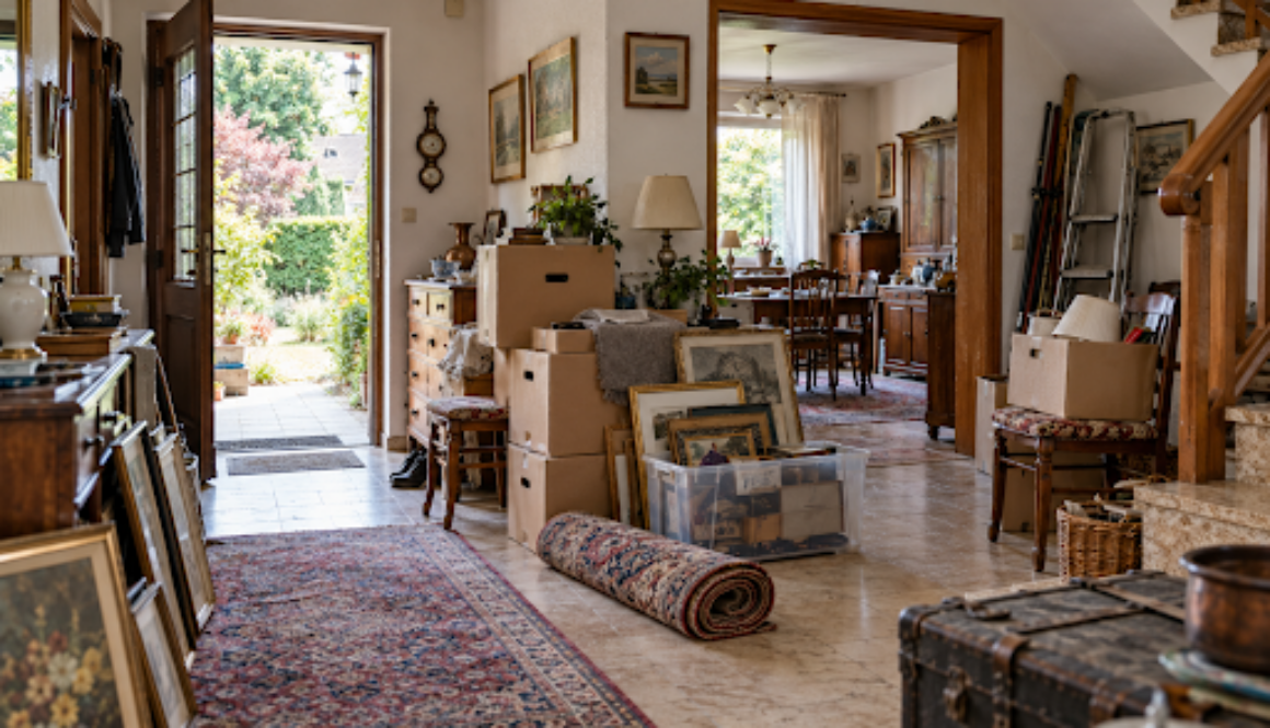 Vorraum eines Hauses mit gestapelten Kartons, gerahmten Bildern, einem eingerollten Teppich und einer alten Truhe